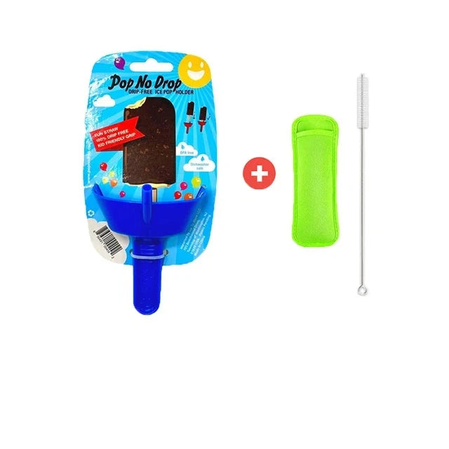 Blue popsicle holder in packaging beside a green sleeve and slim cleaning brush