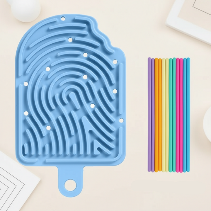 Blue popsicle-shaped silicone maze board with curved grooves and a set of colorful cords.
