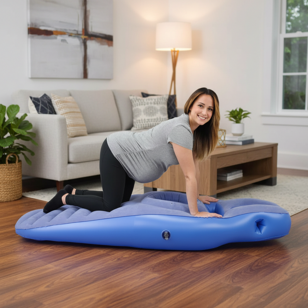 Pregnant woman kneeling on a blue inflatable pregnancy pillow in a living room