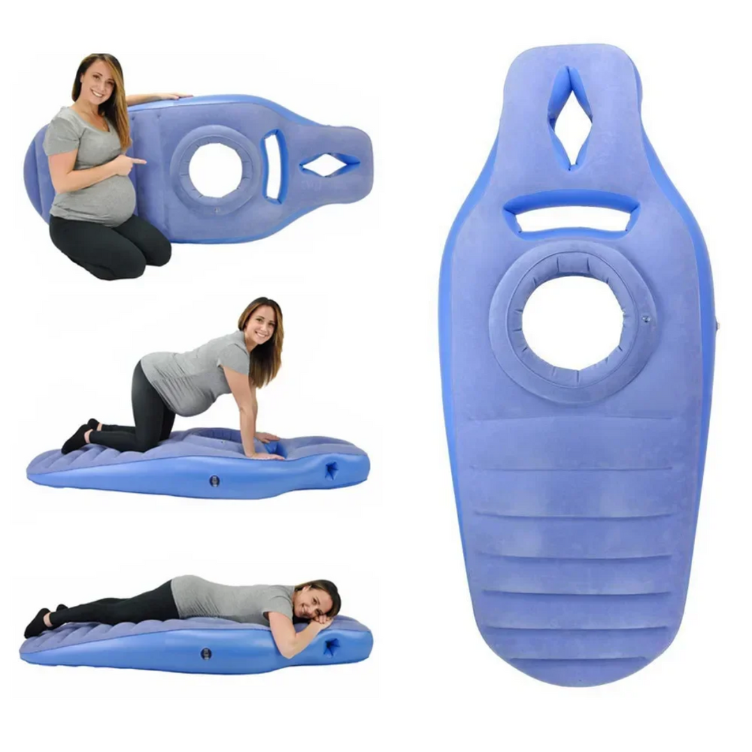Blue inflatable pregnancy pillow with seated, kneeling, and lying demonstrations
