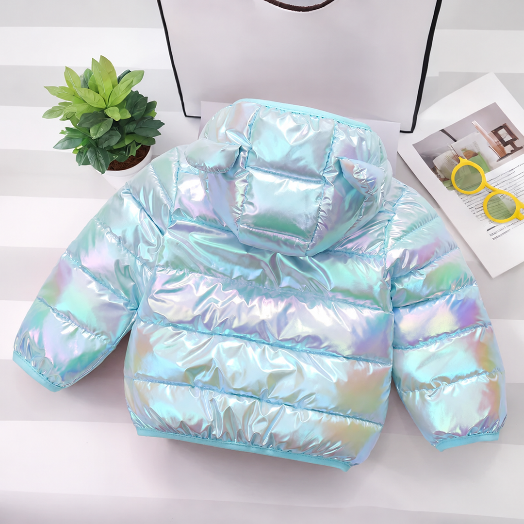 Back of a blue iridescent puffer jacket with horizontal quilting