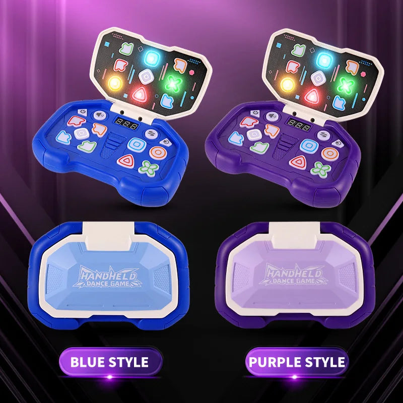 Blue and purple handheld rhythm games shown open with glowing panels and folded closed.