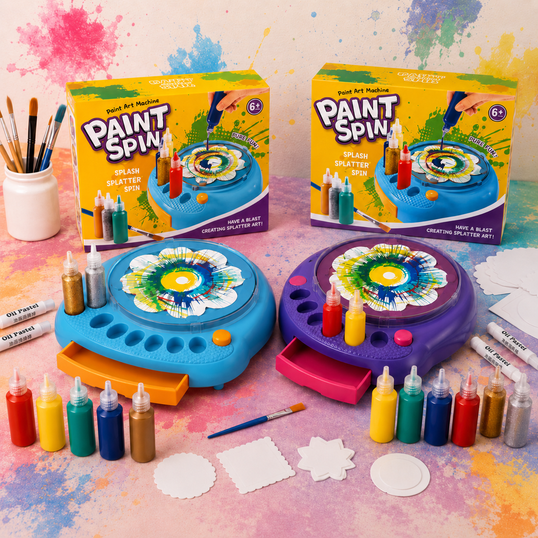 Blue and purple spin painting machines with paint bottles, shaped artboards, brushes, and boxes