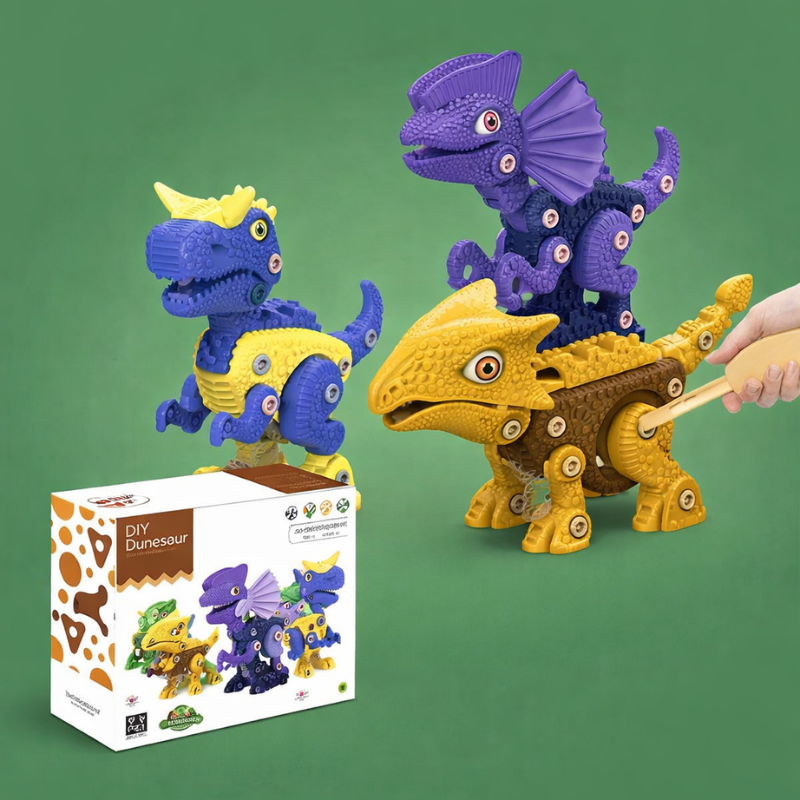 Blue, purple, and yellow buildable dinosaurs with a hand turning a screw on the yellow model