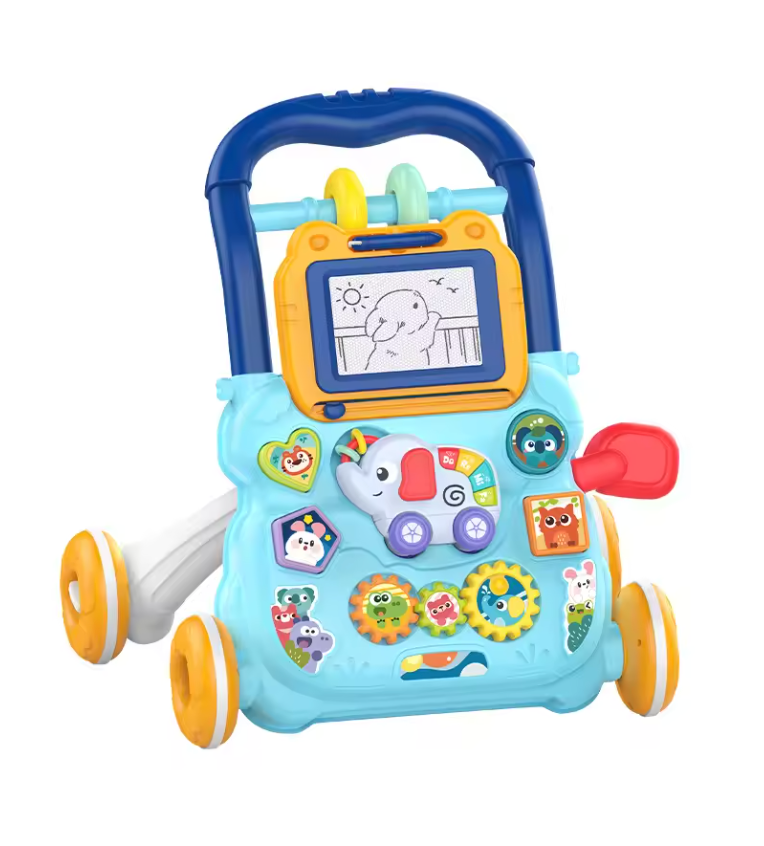 Front view of the blue push walker with a yellow drawing board and colorful activity toys