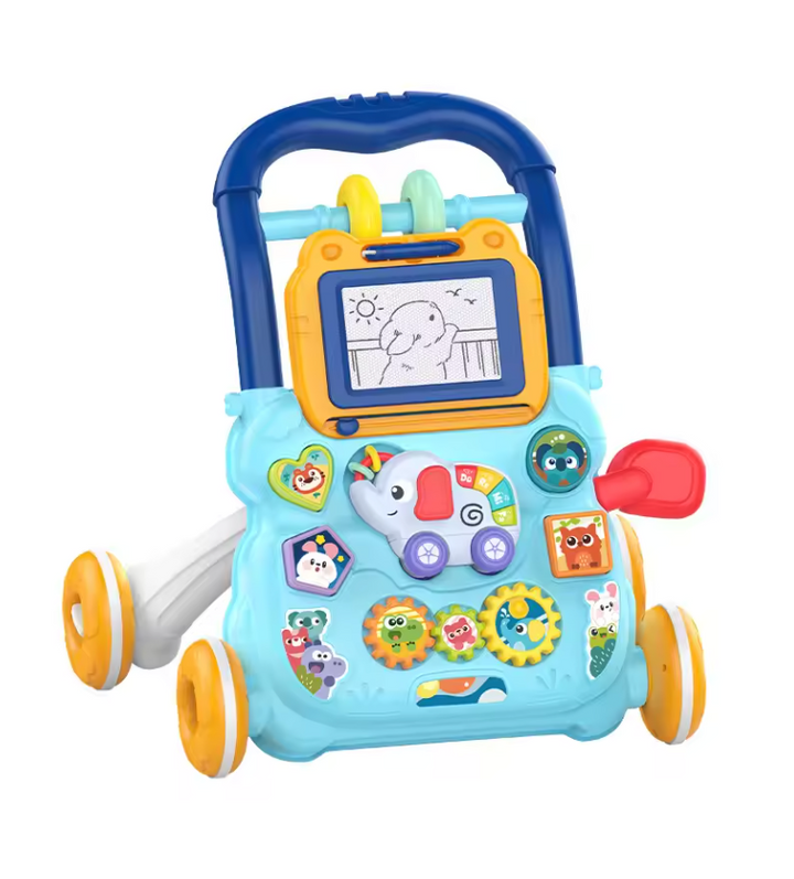 Front view of the blue push walker with a yellow drawing board and colorful activity toys