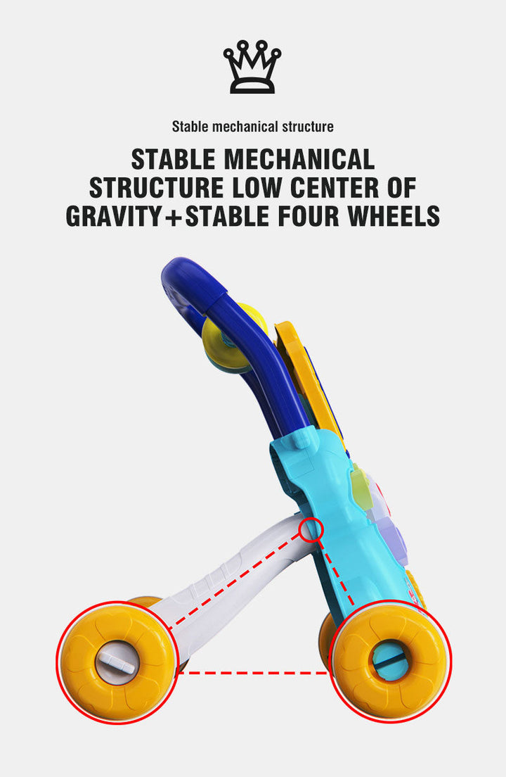 Side view of the blue push walker showing the angled frame and yellow wheels