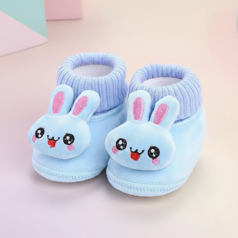 Blue rabbit baby slippers with long plush ears and ribbed ankle collars