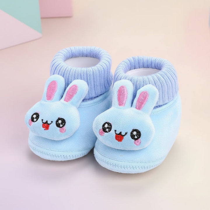 Blue rabbit baby slippers with long plush ears and ribbed ankle collars
