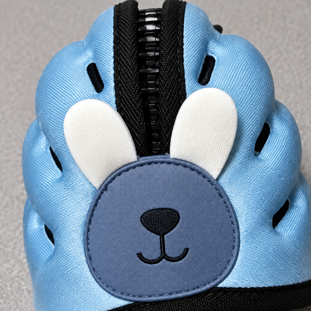 Blue rabbit headguard showing ear appliques and openings along the top