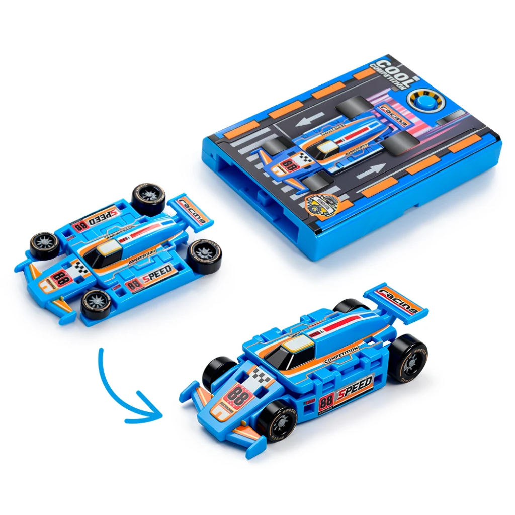 Blue race car in flat and raised forms with its matching blue button launcher.
