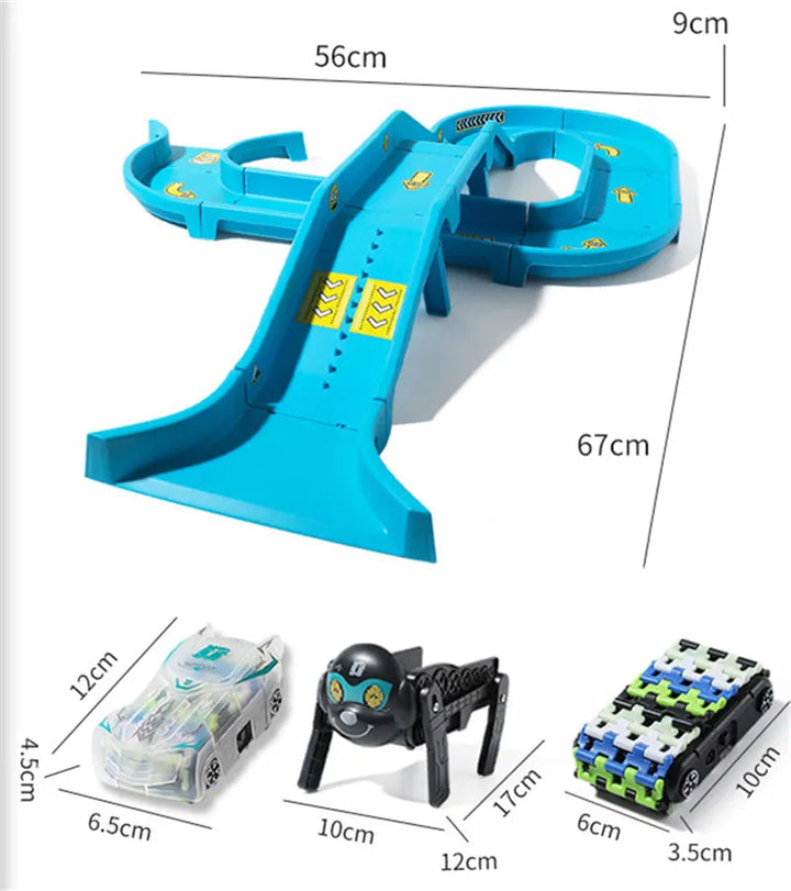Dimension chart for the blue race track, clear car, black robot dog, and treaded car