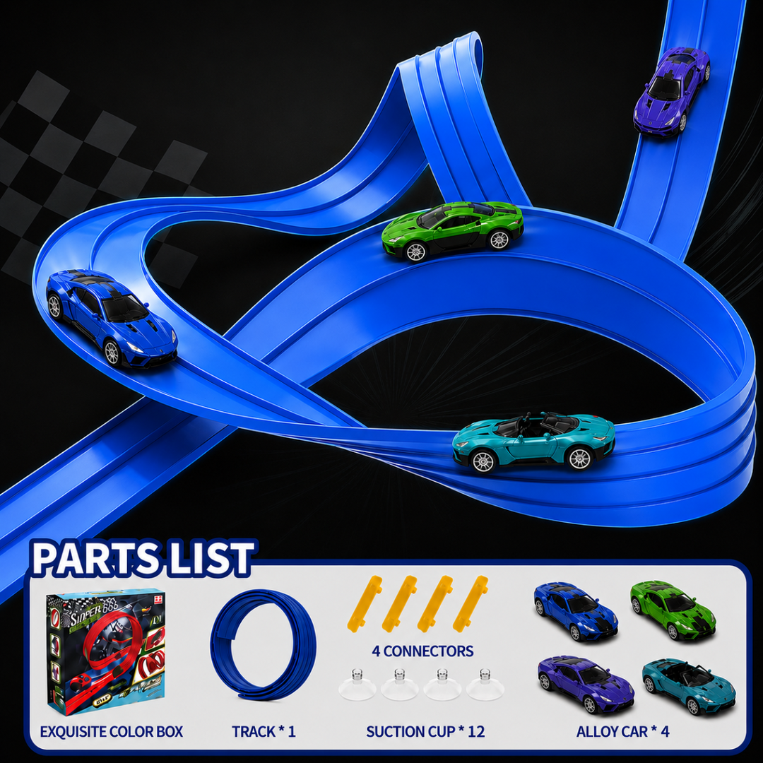 Blue race track layout with a parts list showing the box, track, four cars, connectors, and suction cups.