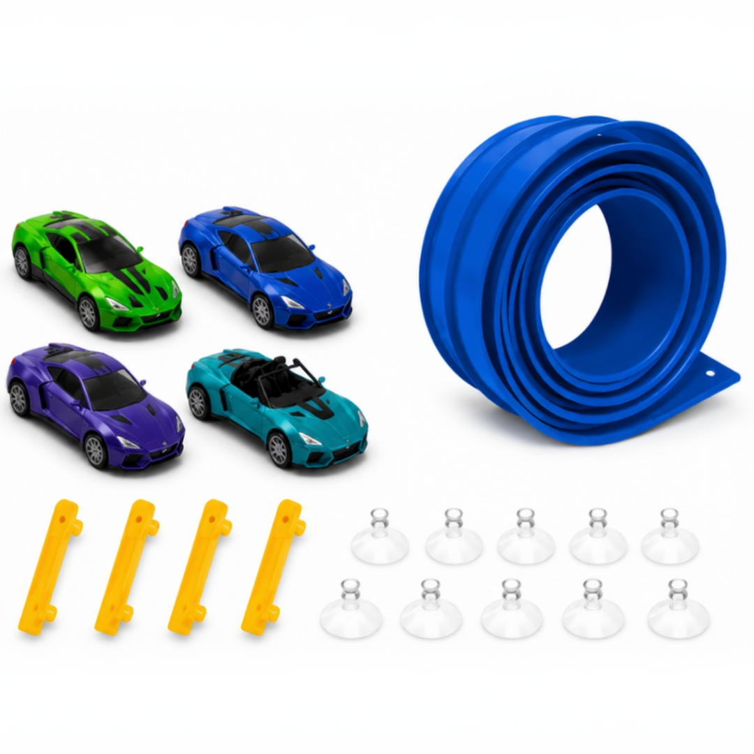 Blue coiled track with four mini race cars, four yellow connectors, and clear suction cups.