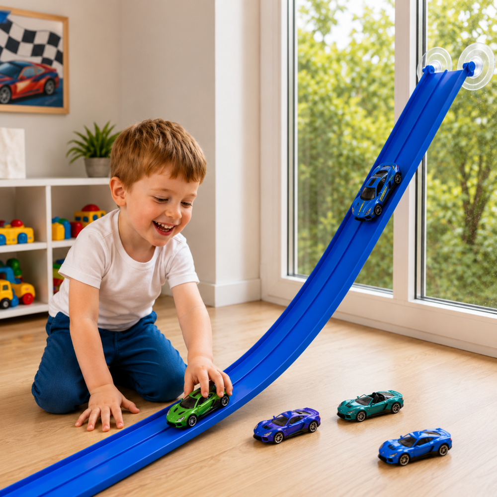 Child pushing a green mini car along a blue race track ramp mounted beside a window.