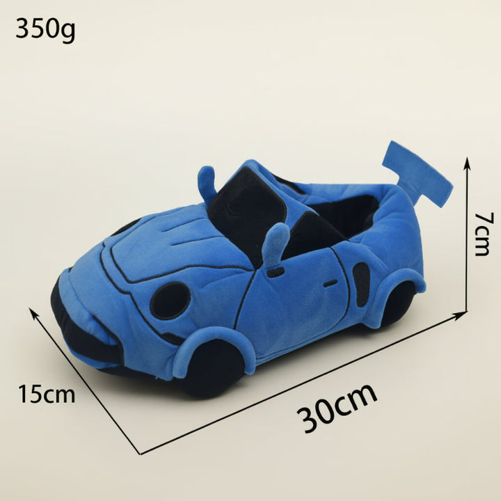 Blue racing car slipper with graphic labels showing 30 x 15 x 7 cm and 350 g