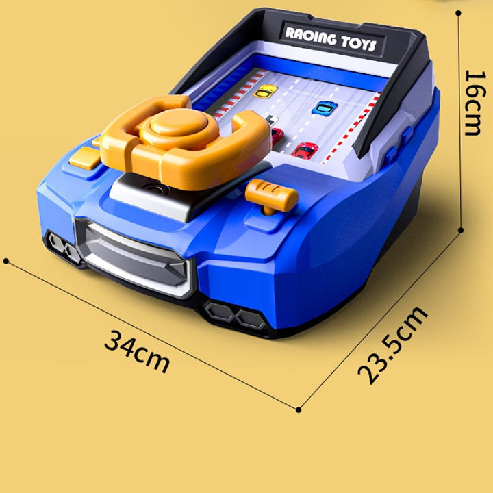 Blue racing game measurement graphic showing 34 cm length, 23.5 cm width, and 16 cm height