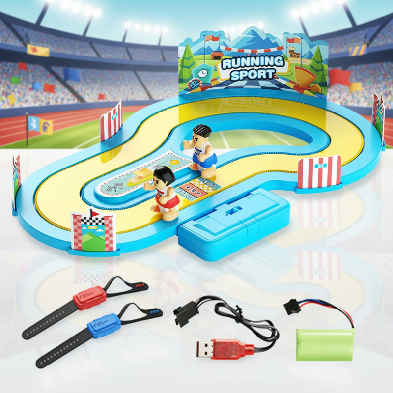Blue racing set with wearable sensors, a rechargeable battery, and USB charging accessories.
