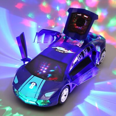 Blue racing-style toy car with raised doors and multicolored light patterns.