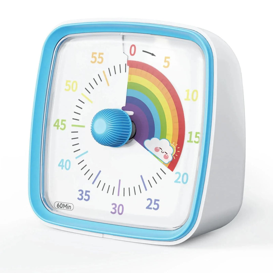 Blue rainbow visual timer with a 60-minute face and a blue setting knob