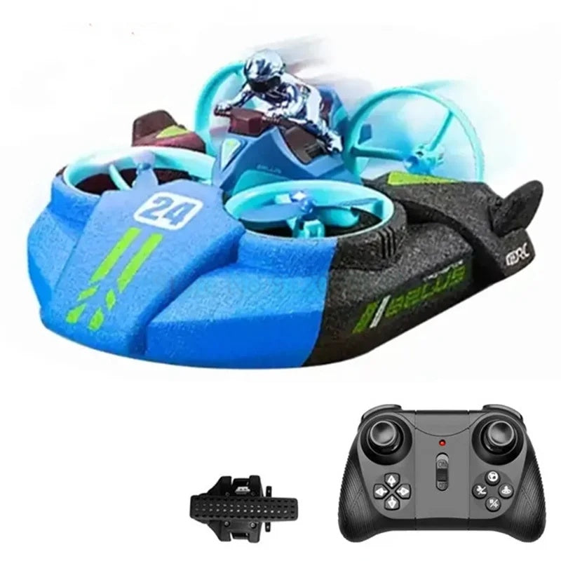 Blue RC drone set with a black controller and one battery.