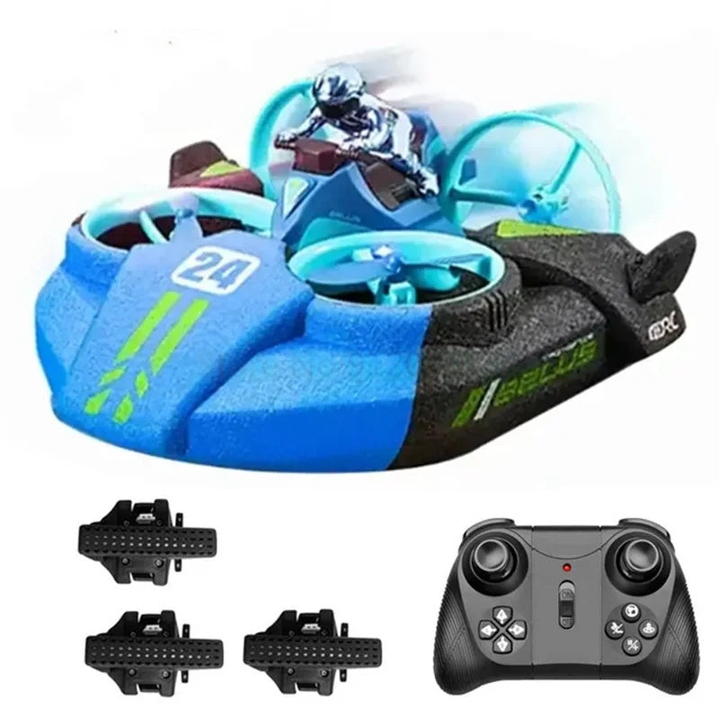 Blue RC drone set with a black controller and three batteries.
