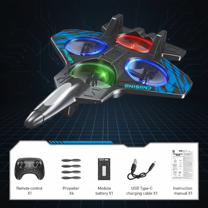 Blue RC stunt plane with controller, four propellers, battery, USB-C charging cable, and instruction manual.