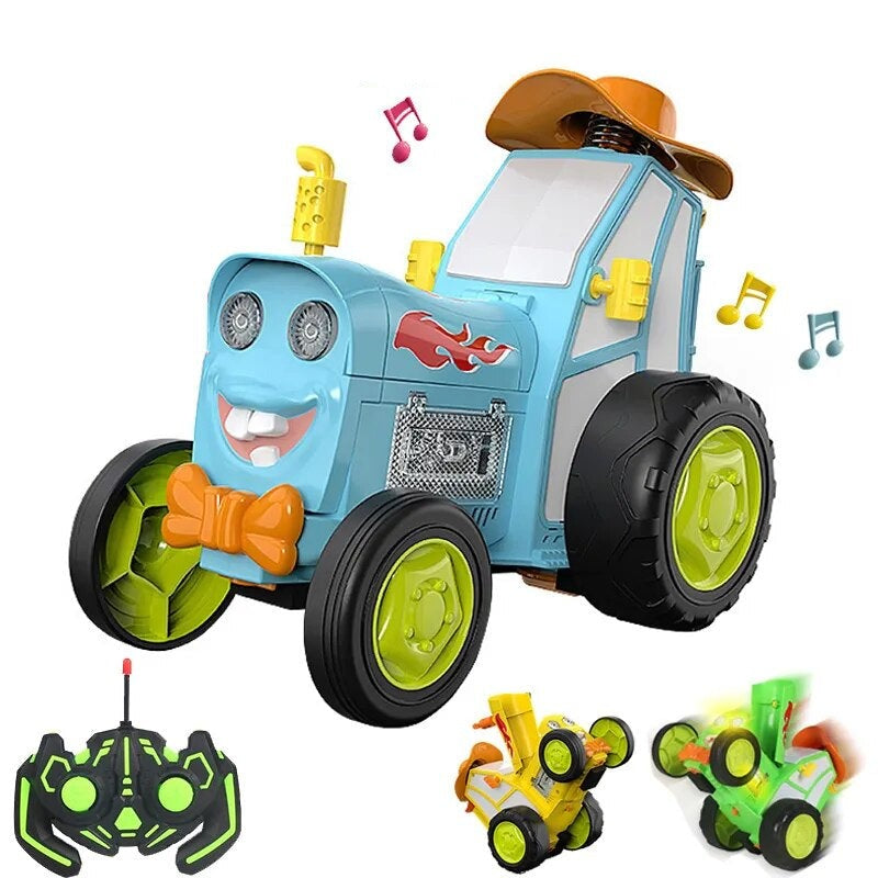 Blue stunt tractor with a smiling face, orange bow tie, remote control, and upright stunt examples
