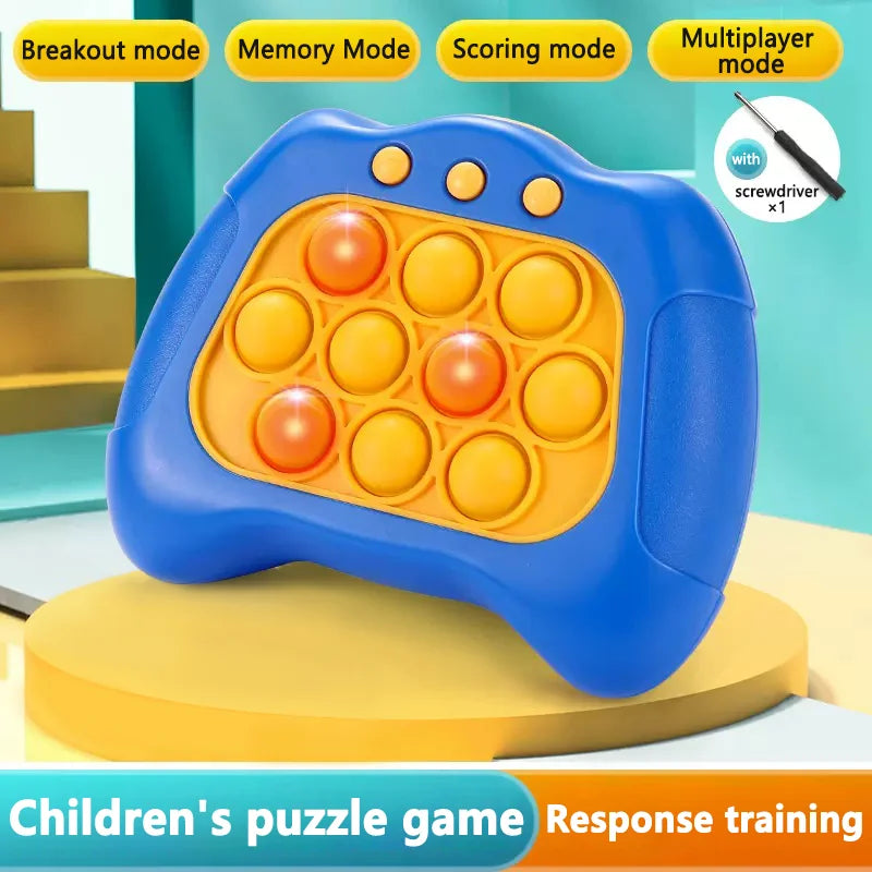 Blue reaction game with yellow pop buttons and four labeled play modes