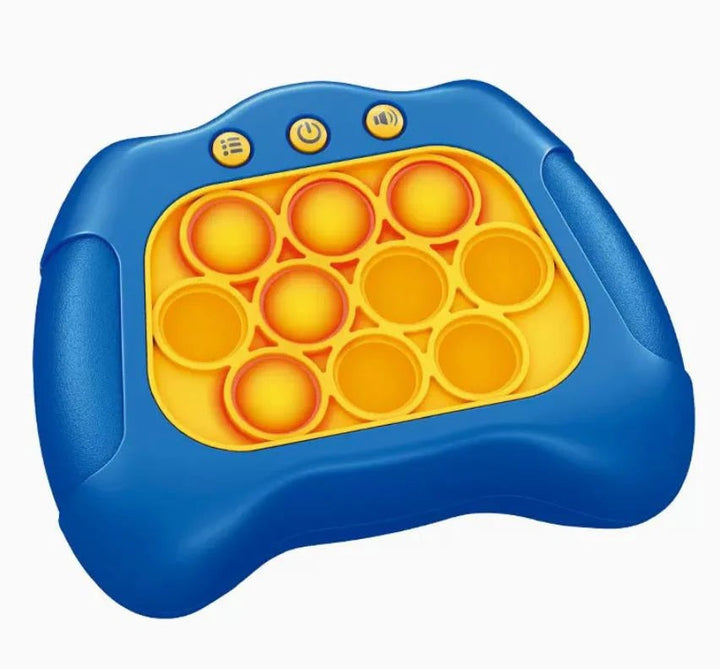 Blue handheld reaction game with yellow pop buttons and three top controls