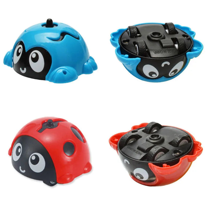 Blue and red animal toy cars shown upright and upside down with their wheels visible