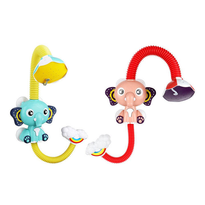 Blue and red elephant bath showers with curved hoses and cloud-shaped water intakes