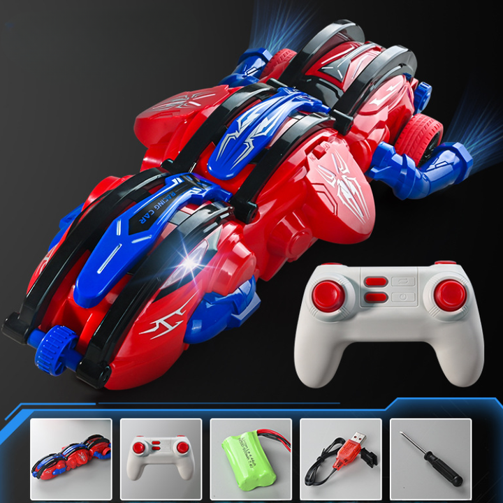 Blue and red stunt car with a red-accented remote control and accessories displayed below