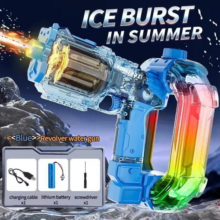 Blue revolver-style water gun with a gradient reservoir and included charging accessories.