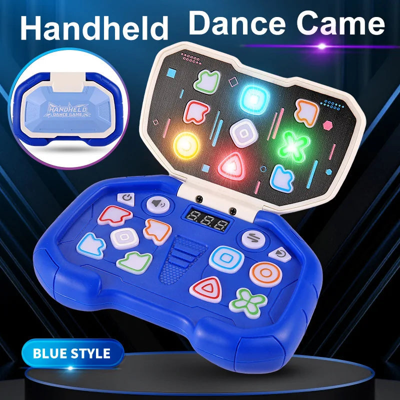 Blue handheld rhythm game shown open, with an inset view of the folded case.