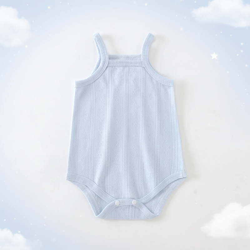 Light blue ribbed baby bodysuit with white bottom snaps on a cloud-patterned background