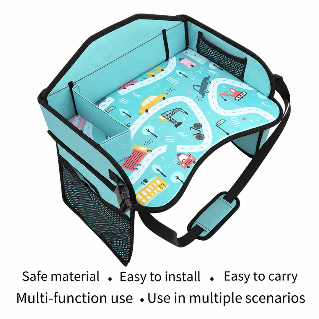 Blue road-print travel tray with raised edges, a mesh side pocket and a carrying strap
