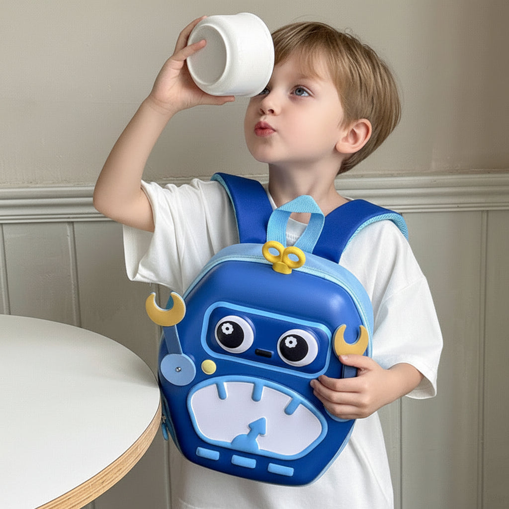 Child drinking from a cup while wearing a blue robot backpack