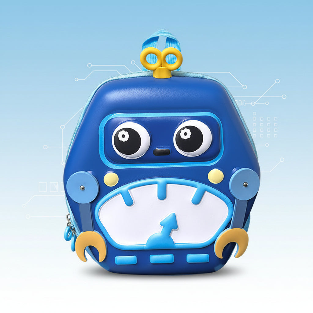 Front view of blue robot backpack with raised eyes and yellow robot details