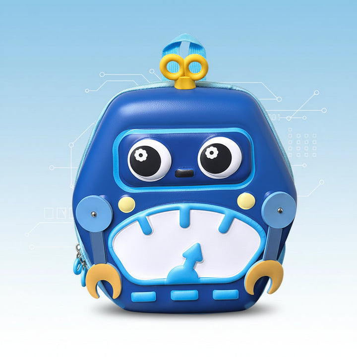 Front view of blue robot backpack with raised eyes and yellow robot details