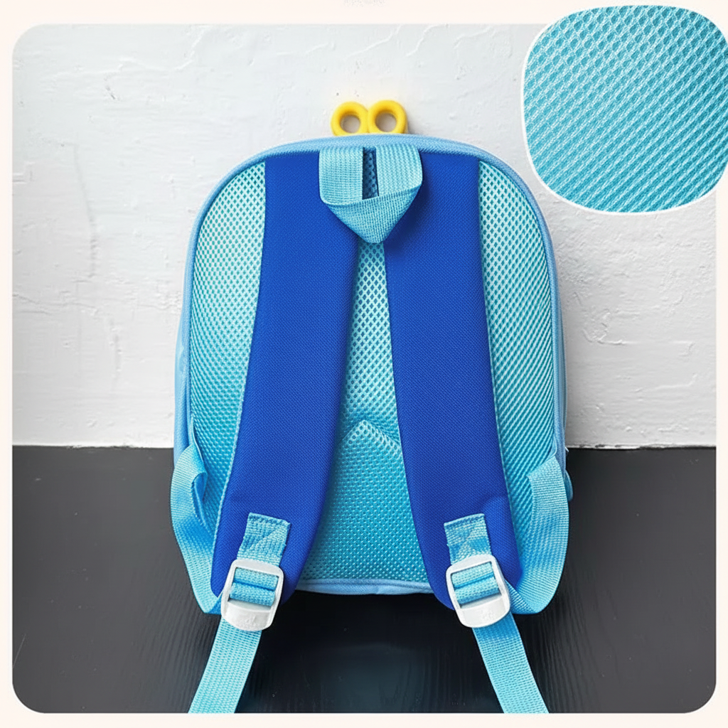 Back of blue robot backpack with adjustable shoulder straps and a textured mesh panel