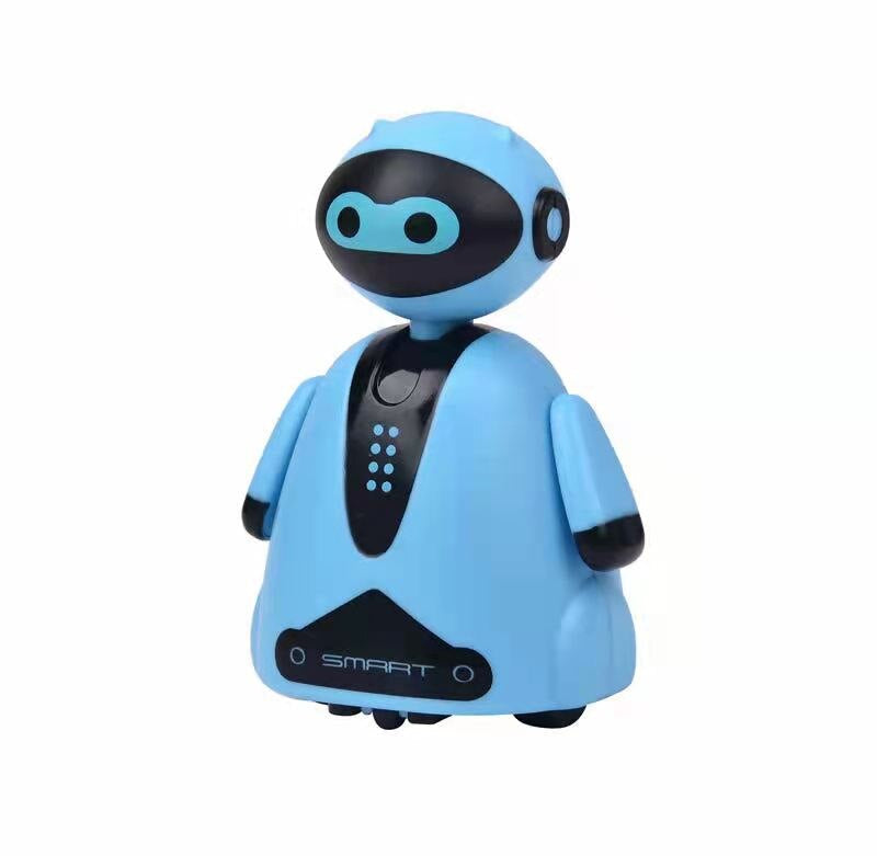 Blue robot toy with a black face panel and black accents on its body and hands.