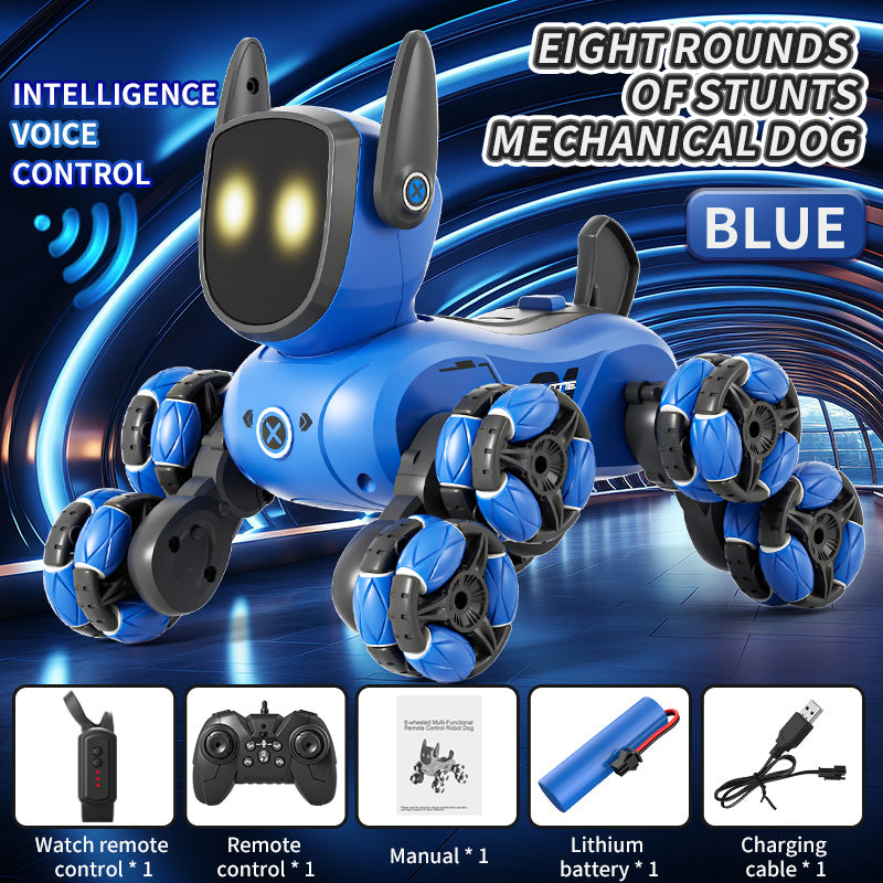 Blue robot dog with a gesture-control watch, handheld remote, manual, battery, and charging cable.
