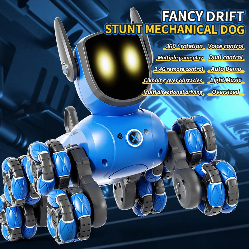 Blue eight-wheel robot dog with a graphic highlighting drifting, voice control, and stunt features.