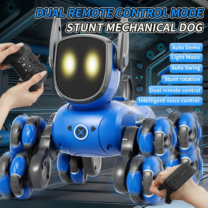 Blue RC robot dog with glowing eyes, shown with a handheld remote and wearable gesture controller.