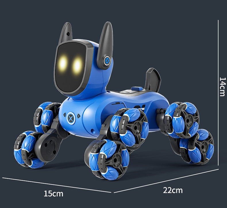 Blue robot dog measurement diagram showing 22 cm length, 15 cm width, and 14 cm height.