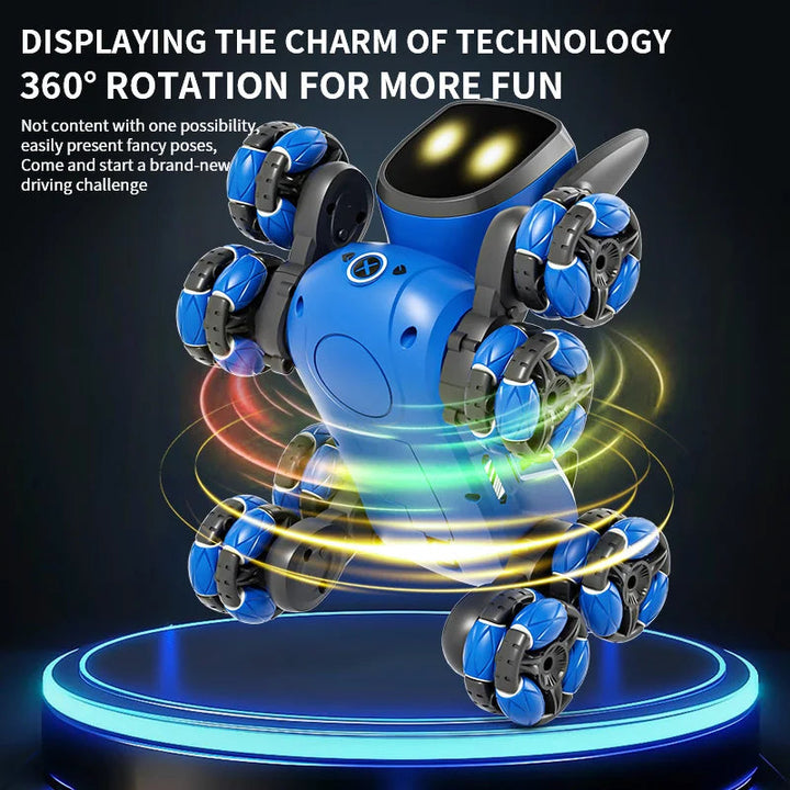 Blue robot dog in an upright spinning pose with illustrated motion rings.