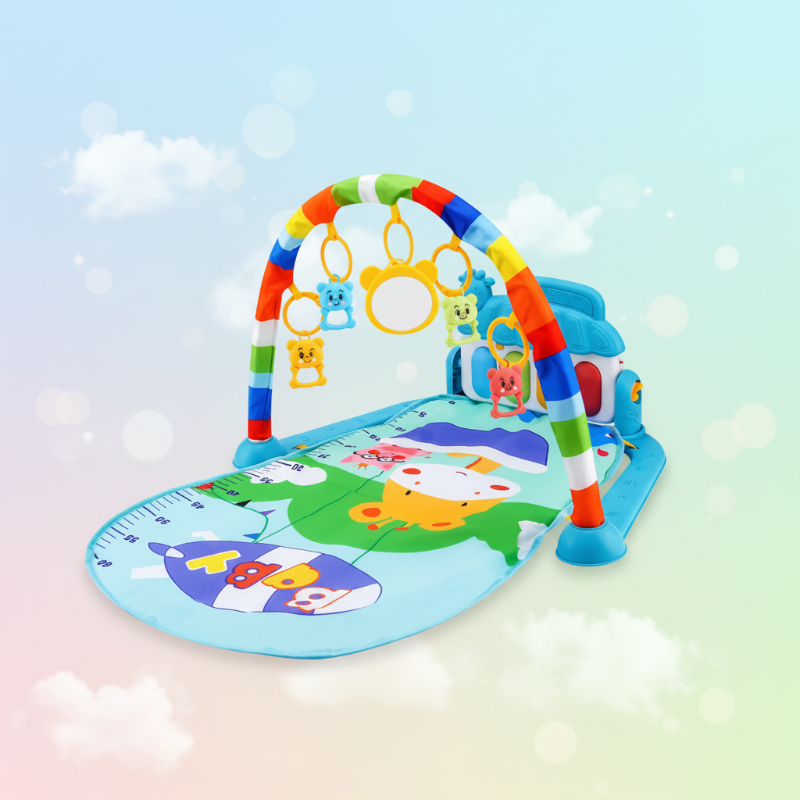 Blue baby play gym with a rocket-and-animal mat beneath a rainbow arch