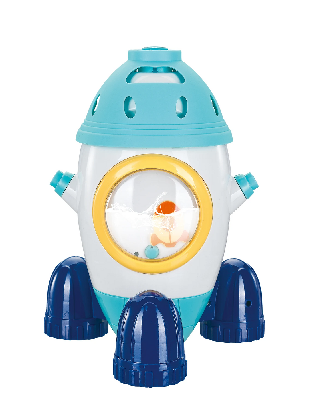 Blue rocket sprinkler with a white body, yellow window rim, and dark blue feet