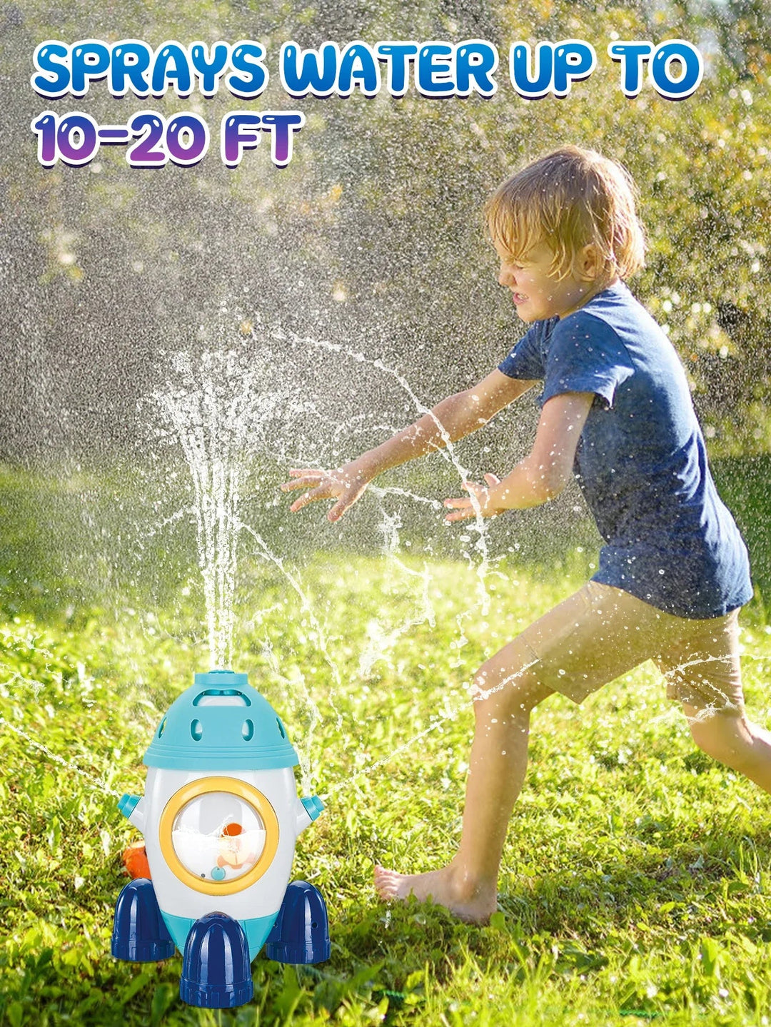 Child reaching toward the spray from a blue rocket sprinkler on a lawn